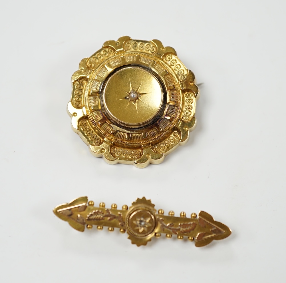 A late Victorian 15ct gold and split pearl set circular brooch, 34mm, gross weight 7.7 grams, together with a yellow metal and diamond chip set bar brooch, gross weight 2.6 grams. Condition - fair